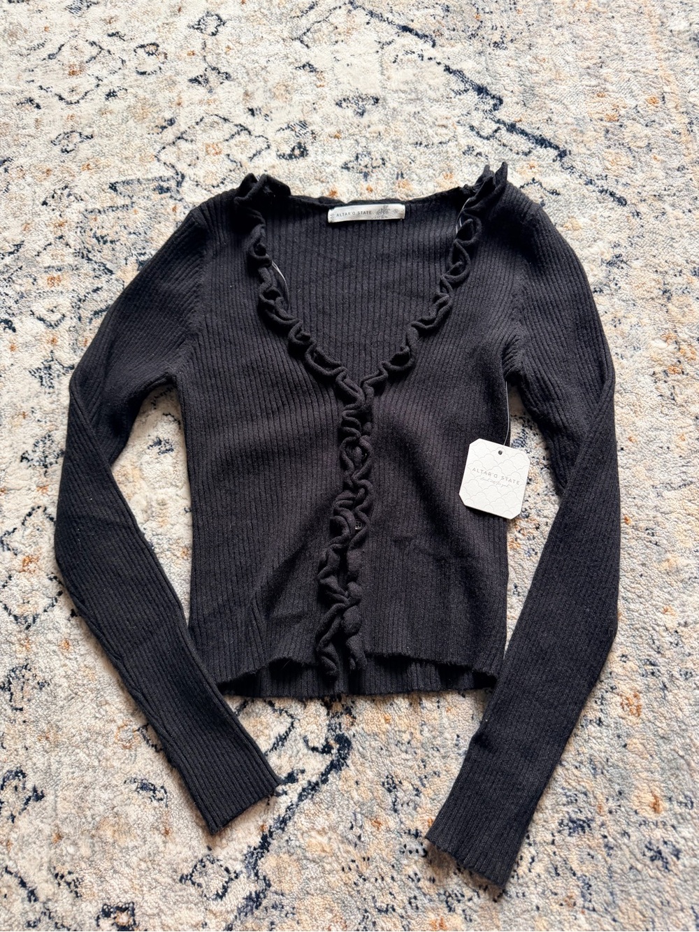 Altar'd State Black Ribbed Cardigan with Ruffled Trim